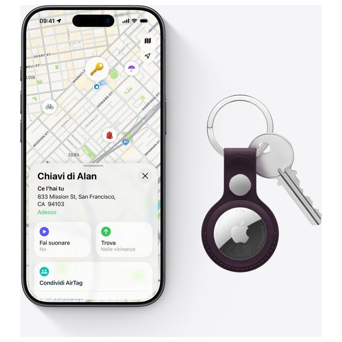 Apple MFE94ZY-A AirTag Cercatore Bluetooth NFC IP67 Batteria CR2032 colore Bianco Argento