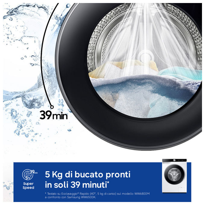 Samsung WW90DG6G94LKU3 Serie 6100D Lavatrice Frontale 9 Kg 1400 rpm Classe A AI Wash EcoDosatore Wi-Fi (85x60x48 cm) colore Bianco