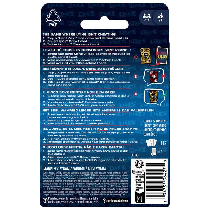 Mattel JLH43 Liar's UNO Gioco di Carte 112 carte 2-6 giocatori eta' 7+