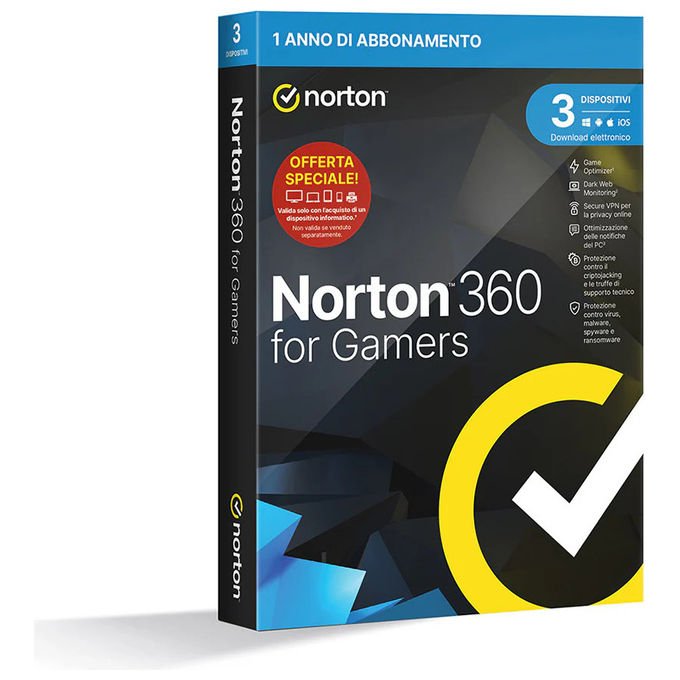 Norton 21483816 360 For Gamers 2026 Software Sicurezza ESD 3 Dispositivi 50 GB Backup Cloud Windows macOS Android iOS