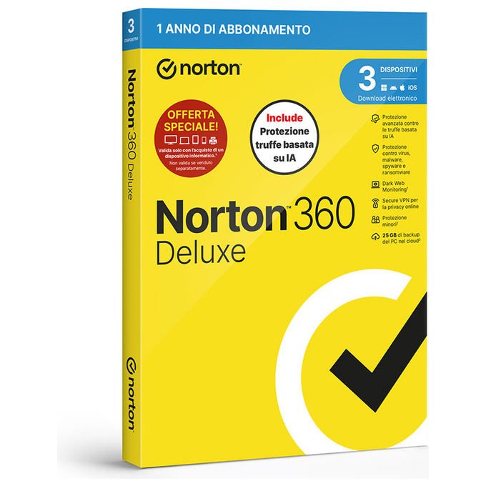 Norton 21483826 360 Deluxe 2026 Software Antivirus 3 dispositivi VPN Backup Cloud 25GB Licenza Digitale