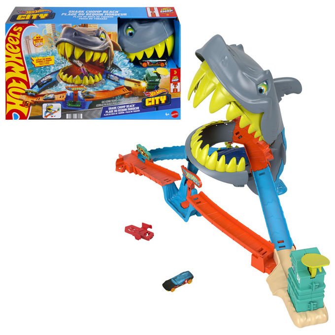 Hot Wheels JHL96 City Squalo Scontri in Spiaggia Playset Pista con Veicolo Die-Cast Scala 1:64 Speed Snap colore Multicolore