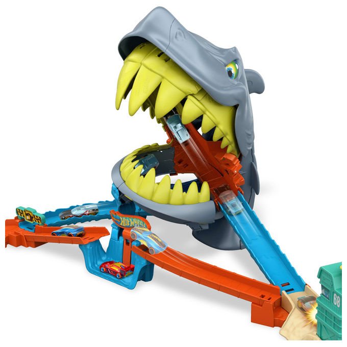 Hot Wheels JHL96 City Squalo Scontri in Spiaggia Playset Pista con Veicolo Die-Cast Scala 1:64 Speed Snap colore Multicolore