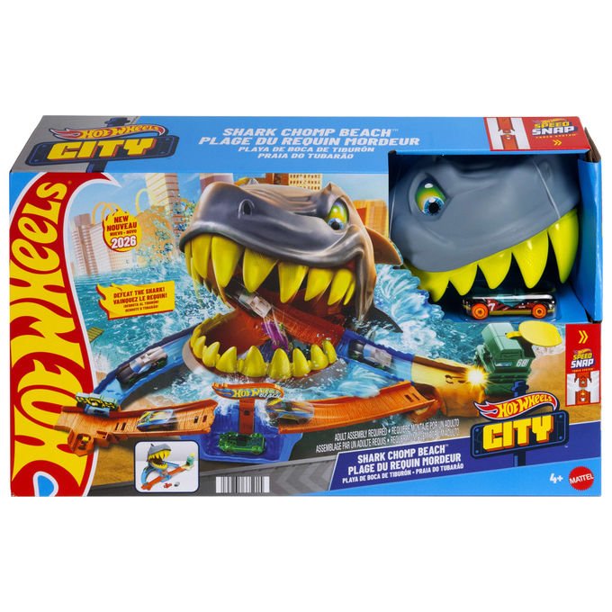 Hot Wheels JHL96 City Squalo Scontri in Spiaggia Playset Pista con Veicolo Die-Cast Scala 1:64 Speed Snap colore Multicolore