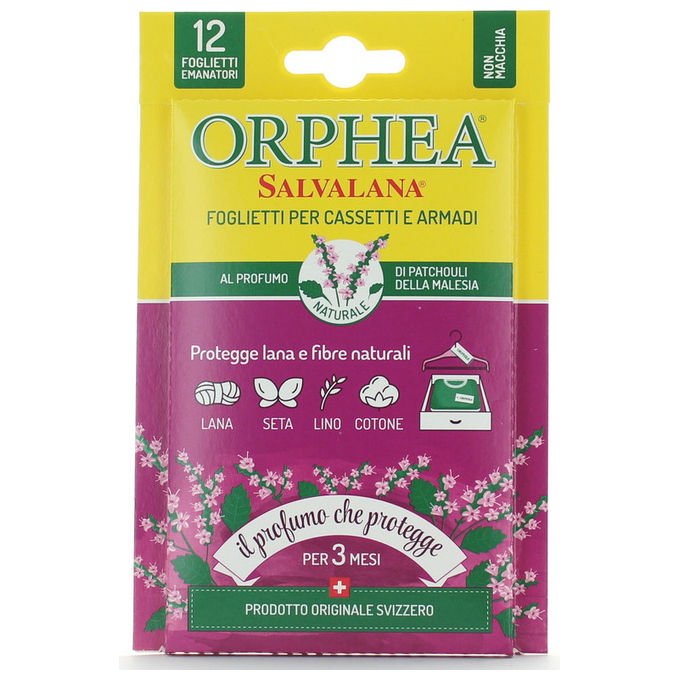 Orphea 118404 Salvalana Antitarme 12 Foglietti per Armadi e Cassetti Profumo Patchouli della Malesia durata 12 settimane