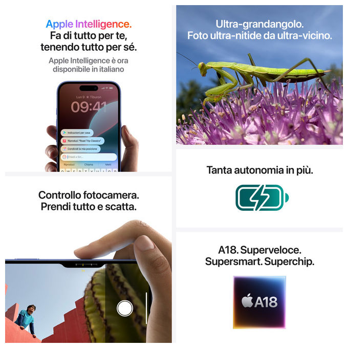 Apple MYEA3QL-A iPhone 16 Smartphone 5G 128GB Display 6.1'' OLED Chip A18 Doppia SIM IP68 colore Rosa