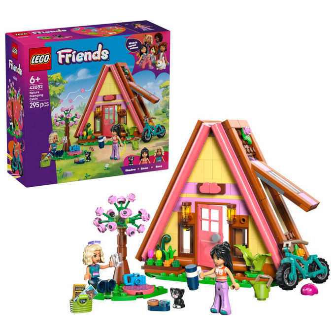Lego 42682 Friends Cabina Glamping nella Natura Bambola Giocattolo Campfire con 2 Minifigure e Gatto colore Nero
