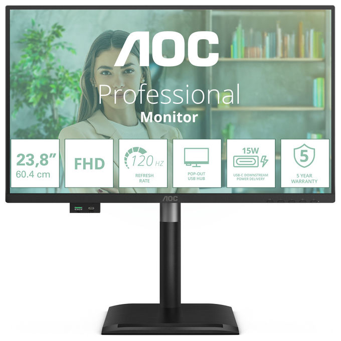 AOC 24P4U Monitor PC 23.8'' Full HD IPS 120Hz 4ms AMD FreeSync Hub USB 3.2 Altoparlanti colore Nero