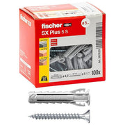 Fischer 567620 SX Plus Tassello Nylon con Vite 5x25 mm 100 pezzi Muro Pieno Forato Calcestruzzo colore Grigio
