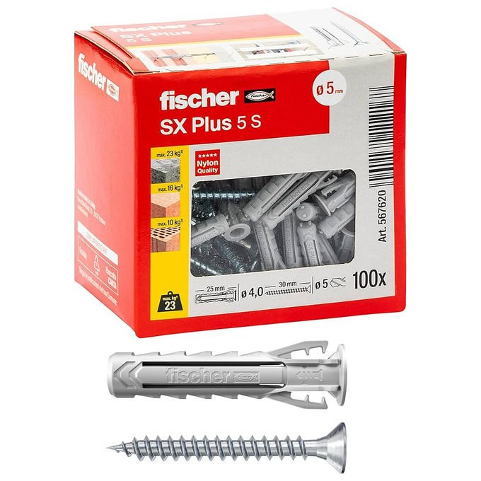 Fischer 567620 SX Plus Tassello Nylon con Vite 5x25 mm 100 pezzi Muro Pieno Forato Calcestruzzo colore Grigio