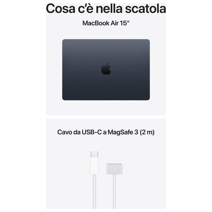 Apple MDVH4T-A MacBook Air 15'' Notebook Chip M5 10-core CPU 10-core GPU 16GB RAM SSD 512GB Wi-Fi 7 macOS colore Mezzanotte