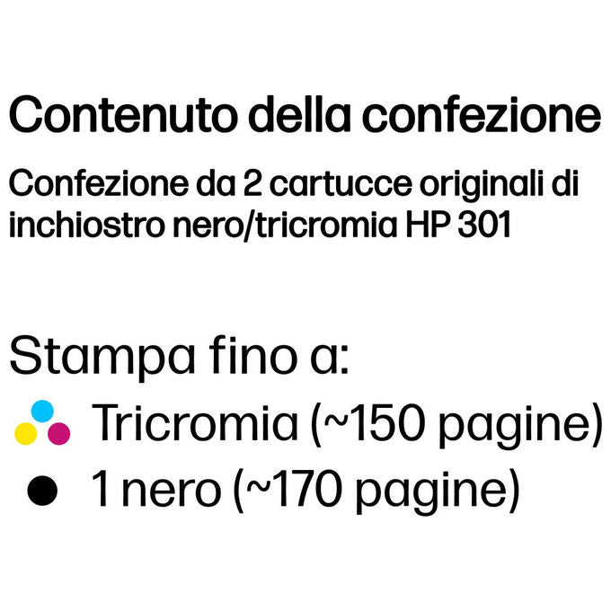 HP N9J72AE 301 Combo Pack Cartuccia d'Inchiostro Originale Multipack 2 pz Resa Standard 170 pagine Nero 150 pagine colore Nero Ciano Magenta Giallo