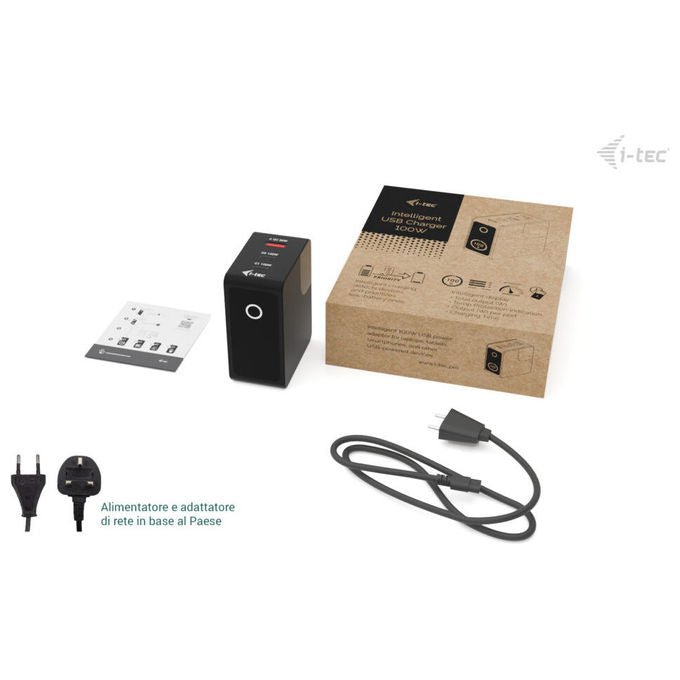 I-tec CHARGER-INTG100W Caricabatterie Multiporta 100W 2x USB-C 1x USB-A Display LCD Touch Ricarica Rapida colore Nero