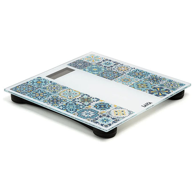 Laica PS1083B Mediterranean Breeze Bilancia Pesapersone Elettronica Ricaricabile USB Vetro Temperato 180 Kg Display LCD colore Blu