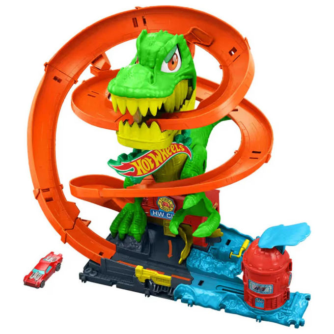 Hot Wheels JBM73 City T-Rex Battaglia Infuocata Playset Pista con Dinosauro e Camion Pompieri Die-Cast 1:64 4+ Anni colore Multicolore
