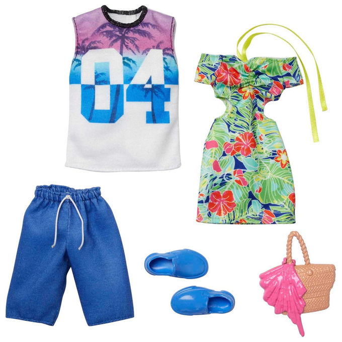 Barbie HBV72 Ken and Barbie Fashion 2-Pack Set 2 Outfit Tropicali Vestiti e Accessori Bambole