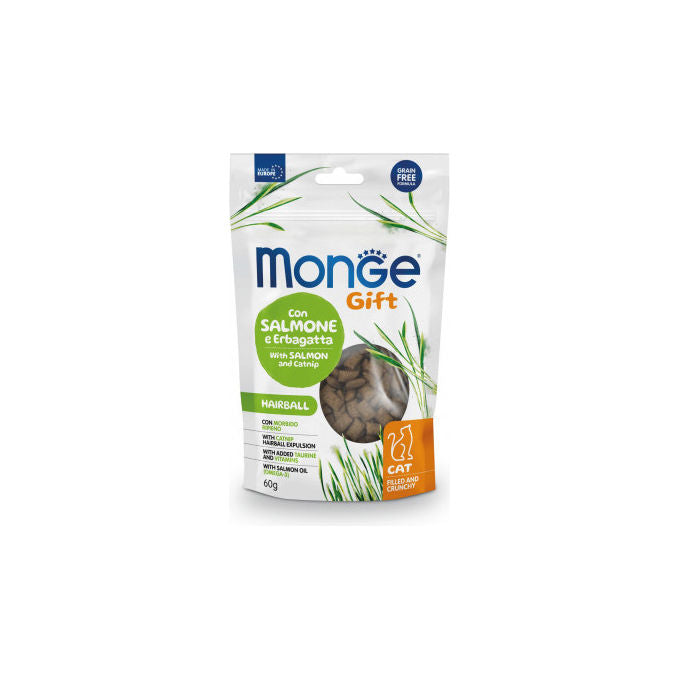 Monge Gift Snack Gatto Hairball Filled and Crunchy Salmone ed Erba Gatta Grain Free 60 g