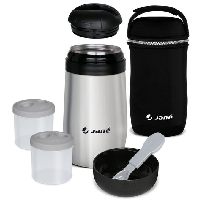Jané 10496 Thermos per Pappa Acciaio Inox 1L 2 Contenitori Ermetici Cucchiaio e Borsa Termica in Neoprene colore Grigio