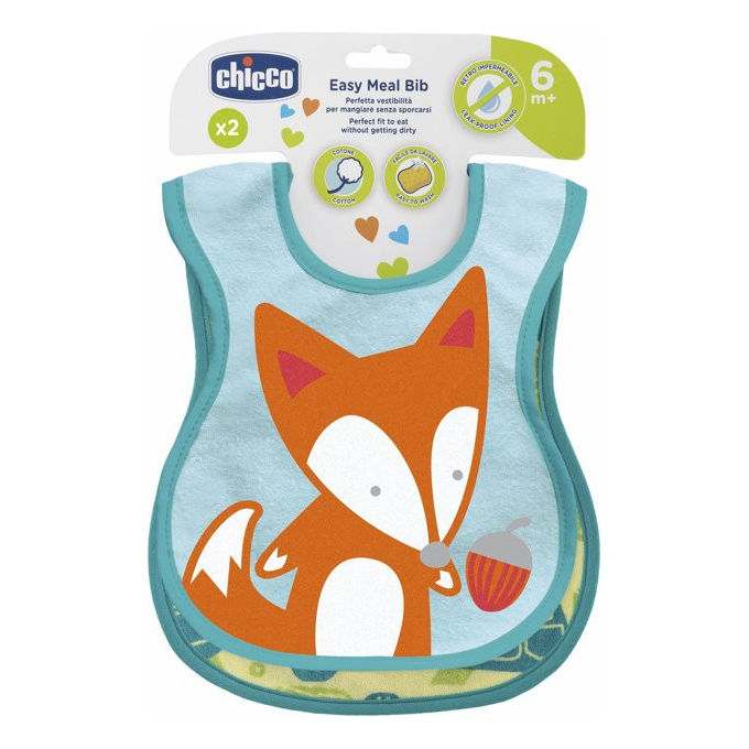 Chicco Easy Meal Bavaglini in Cotone Retro Impermeabile Lavabili in Lavatrice 6 Mesi+ 2 Pezzi colore Neutro