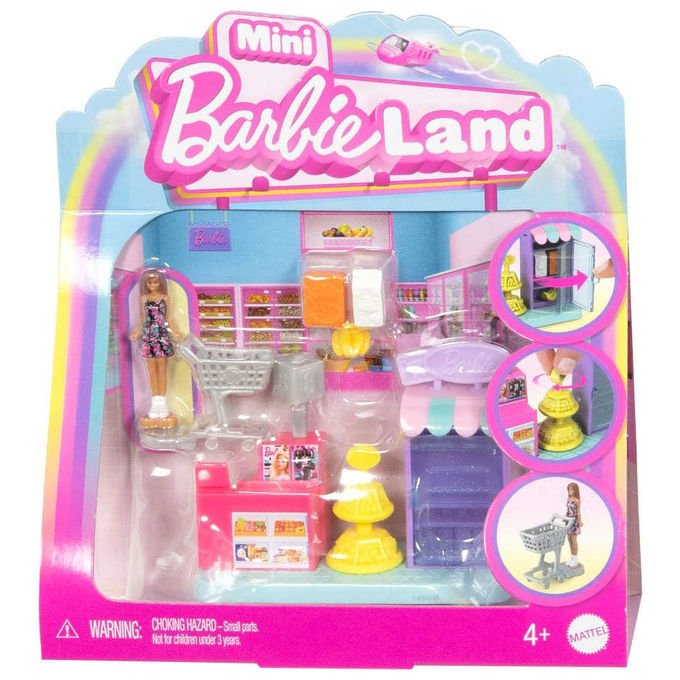 Barbie JCR33 Mini BarbieLand Playset Supermercato con Mini Bambola 3,8 cm Scaffali Bancone Cassa Carrello colore Multicolore