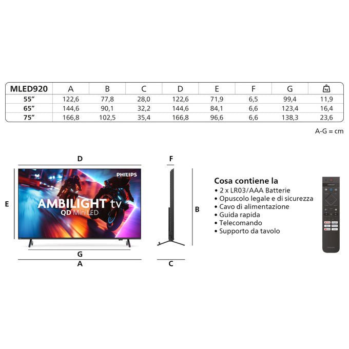 Philips 75MLED920-12 Ambilight Smart TV 75'' QD MiniLED 4K Dolby Vision Dolby Atmos Titan OS 120 Hz HDMI 2.1 colore Nero