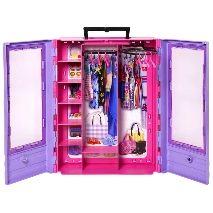 Barbie HJL65 Fashionistas Armadio Portatile Set Vestiti Bambola con Scomparti Portaabiti 6 Ganci colore Multicolore