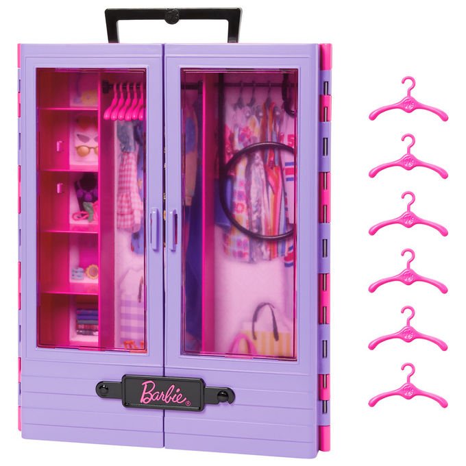Barbie HJL65 Fashionistas Armadio Portatile Set Vestiti Bambola con Scomparti Portaabiti 6 Ganci colore Multicolore