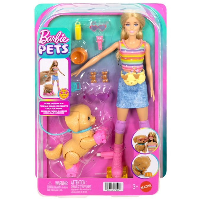 Barbie JMJ44 Bambola alla Moda Pattina e Corre con Cucciolo Abito Rimovibile colore Biondo