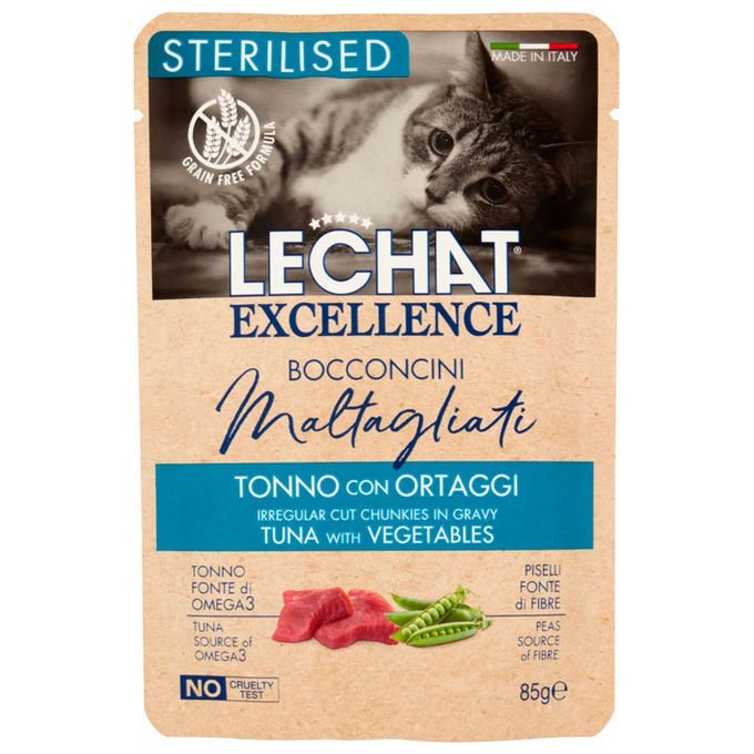 LeChat Excellence Bocconcini Maltagliati Cibo Umido Gatto Adulto Sterilizzato Tonno con Ortaggi Senza Cereali 85 g
