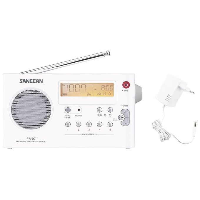 Sangean PR-D7 Radiosveglia portatile FM AM 10 stazioni memorizzabili alimentazione rete o batterie AA antenna telescopica display LCD retroilluminato giallo funzione sveglia e snooze colore Bianco