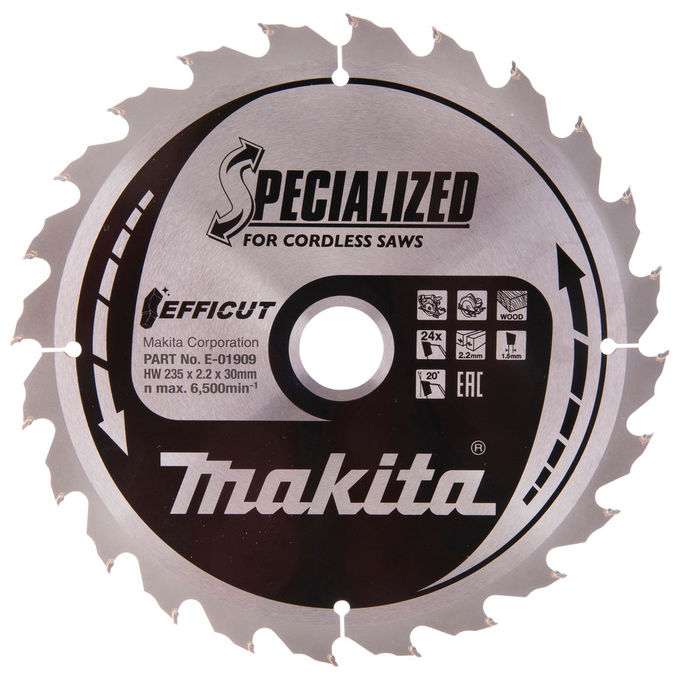 Makita E-01915 EFFICUT Lama per Sega Circolare 235 mm Diametro Foro 30 mm 24 Denti 2,2 mm Spessore Denti 20° Angolo Denti colore Nero