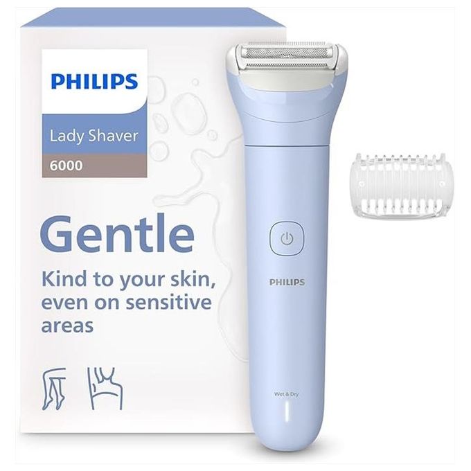 Philips BRL127-00 Serie 6000 Depilatore Wet and Dry con 3 Testine Dermatologicamente Testato Ricaricabile Senza Fili in Azzurro