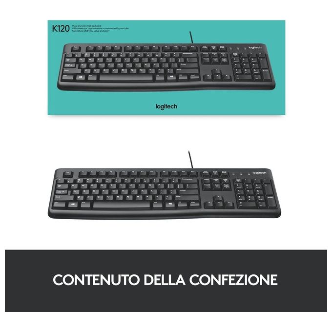 Logitech K120 Tastiera USB Cablata Full-size QWERTY Italiano Nero per Windows-Linux