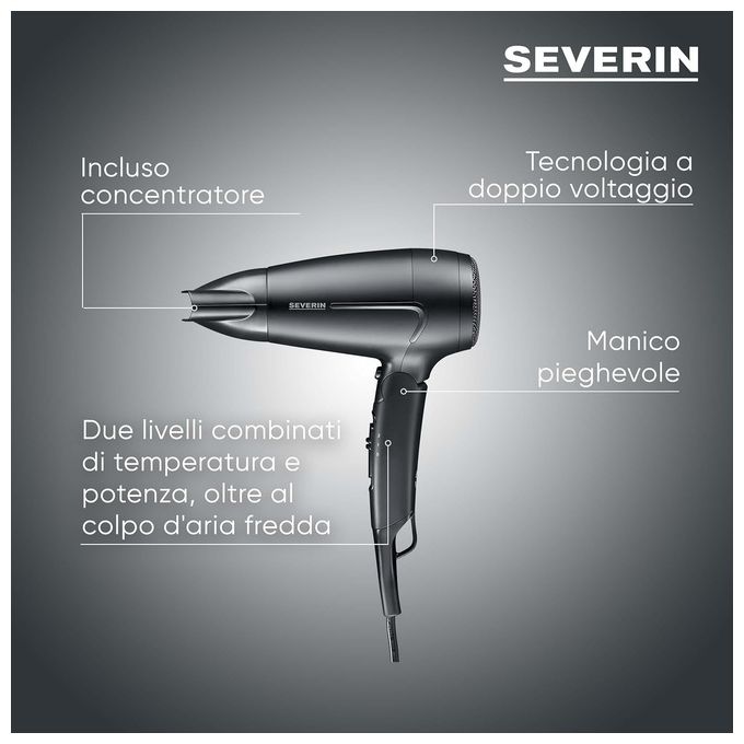 Severin HT0159 - Asciugacapelli da Viaggio Pieghevole 1600 W Compatto Nero