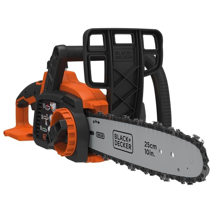 Black+Decker Elettrosega Barra 25 Cm Unita' Senza Batteria E Caricabatterie- Nuovo Design - Doppia Impugnatura - Bilanciata Ed Ergonomia - Catena Oregon - Tensionatore Senza Utensili - Anticontraccolpo - Finestra Livello Olio - Unita' Senza Batteria