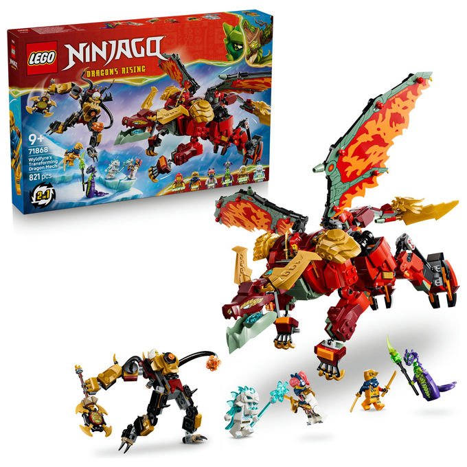 Lego 71868 Ninjago Mech Drago Mutaforma di Wyldfyre Set da Costruzione 2 in 1 Dragons Rising 821 pezzi 6 Minifigure 9+