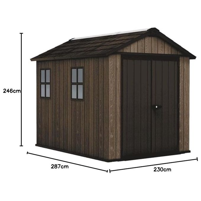Keter 263097 Signature Apex Casetta da Giardino in Resina 5.25 m² 287x230x246 cm resistenza vento 145 Km-h neve 150 Kg-m² colore Noce