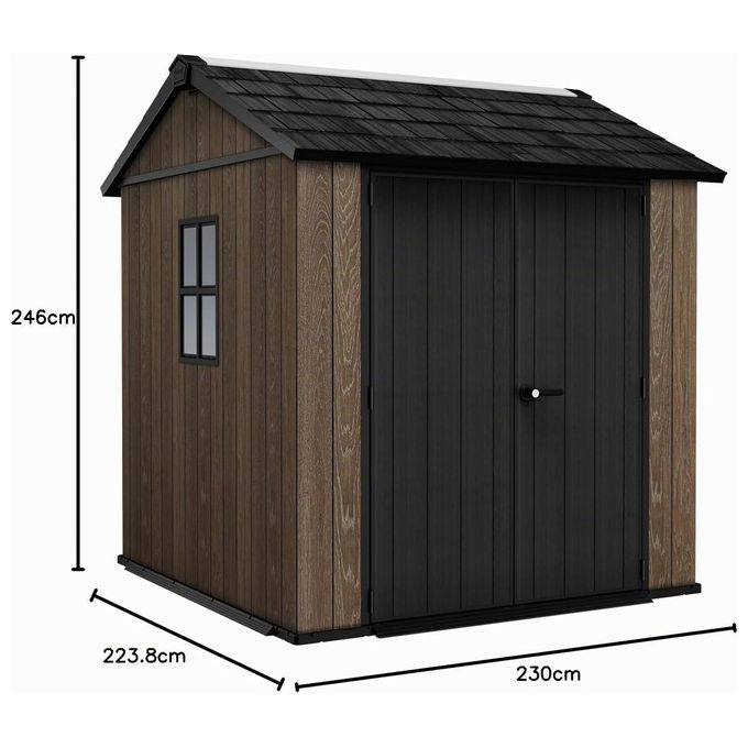 Keter 263096 Signature Apex Casetta da Giardino 4 m² Doppia Falda Resina Effetto Legno Porte e Finestre Orientabili 230x223,8x246 cm colore Noce