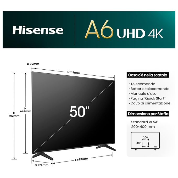 Hisense Smart TV 50 pollici 4K Ultra HD 50A69Q Nero