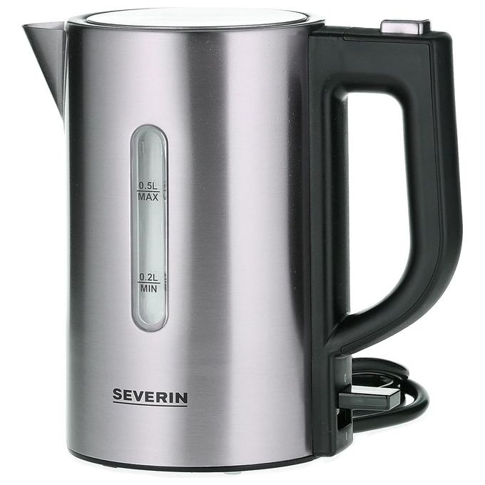 Severin WK 3647 Set di Bollitore da Viaggio con 2 Tazze in Plastica e 2 Cucchiai in Acciaio Inox Spazzolato-Nero