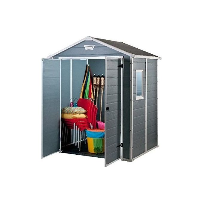 Keter K203521 Manor 6x5 Casetta da Giardino in Resina Doppia Porta Finestra Laterale Pavimento Incluso 185x152x226 cm colore Grigio