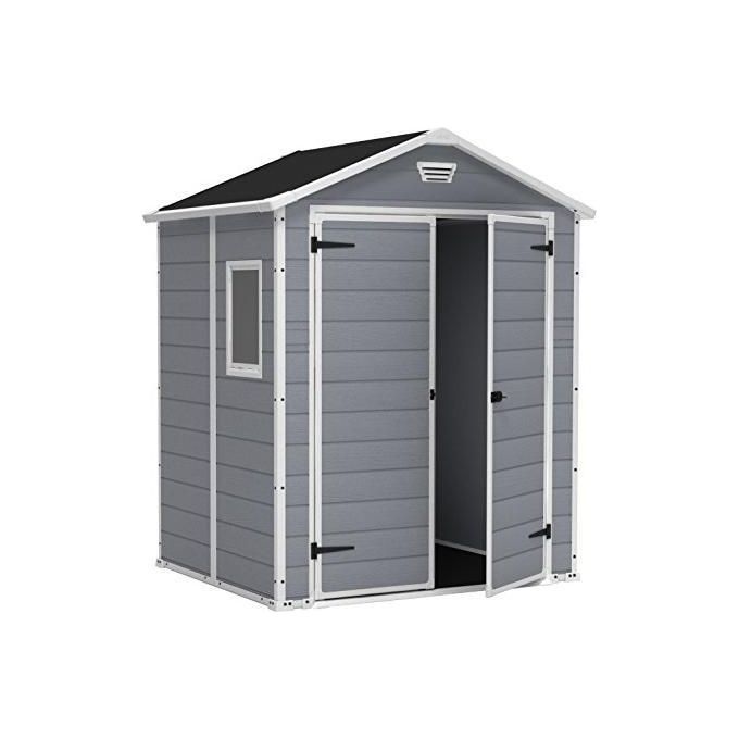Keter K203521 Manor 6x5 Casetta da Giardino in Resina Doppia Porta Finestra Laterale Pavimento Incluso 185x152x226 cm colore Grigio