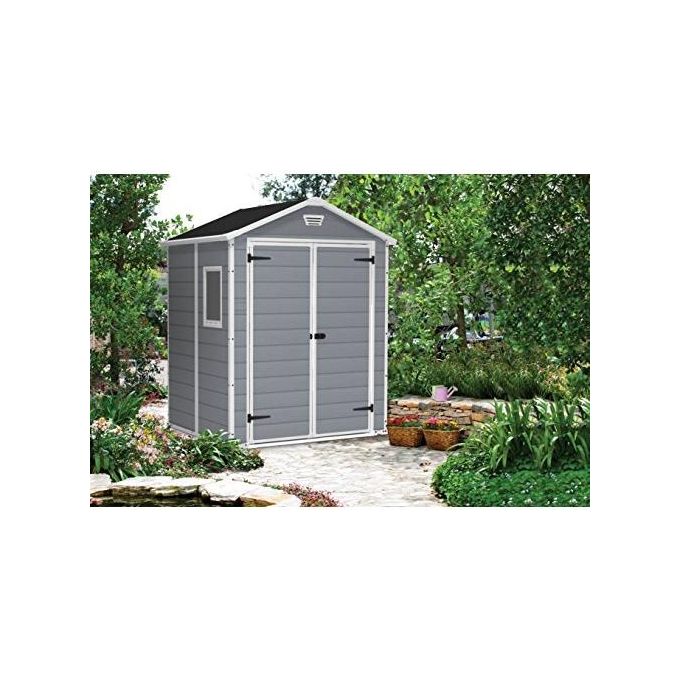 Keter K203521 Manor 6x5 Casetta da Giardino in Resina Doppia Porta Finestra Laterale Pavimento Incluso 185x152x226 cm colore Grigio