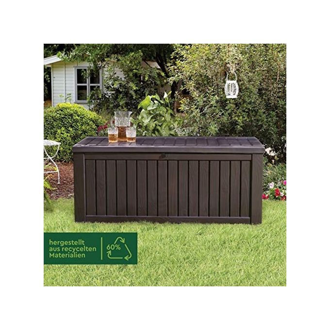 Keter 17197729 Rockwood Baule da Giardino in Resina 570 L Panca Esterna Pistoni a Gas colore Marrone