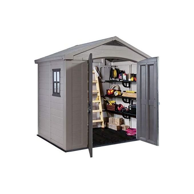 Keter K209871 Factor Casetta da Giardino in Resina 256.5x182x243 cm Pavimento Incluso 2 Mensole colore Beige