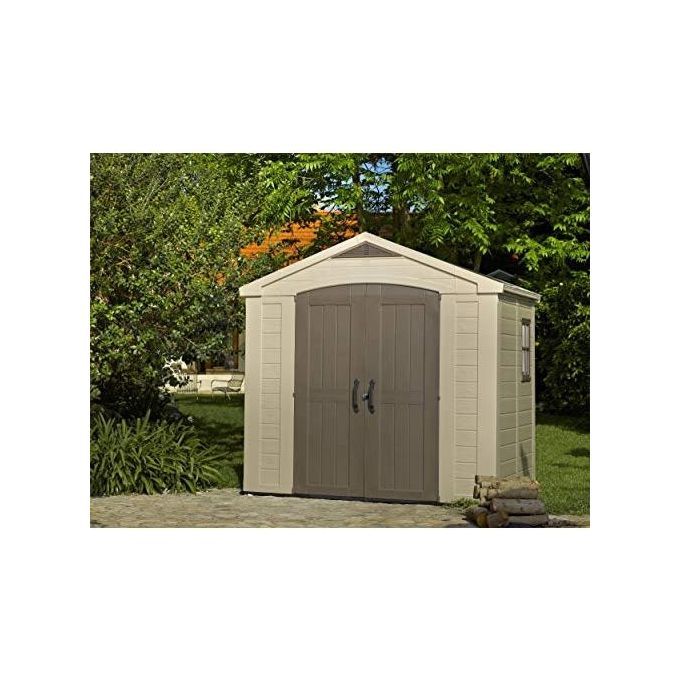 Keter K209871 Factor Casetta da Giardino in Resina 256.5x182x243 cm Pavimento Incluso 2 Mensole colore Beige