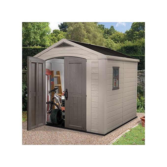 Keter K209875 Factor Casetta da Giardino in Resina 256.5x255x243 cm Pavimento e Mensole Incluse colore Beige
