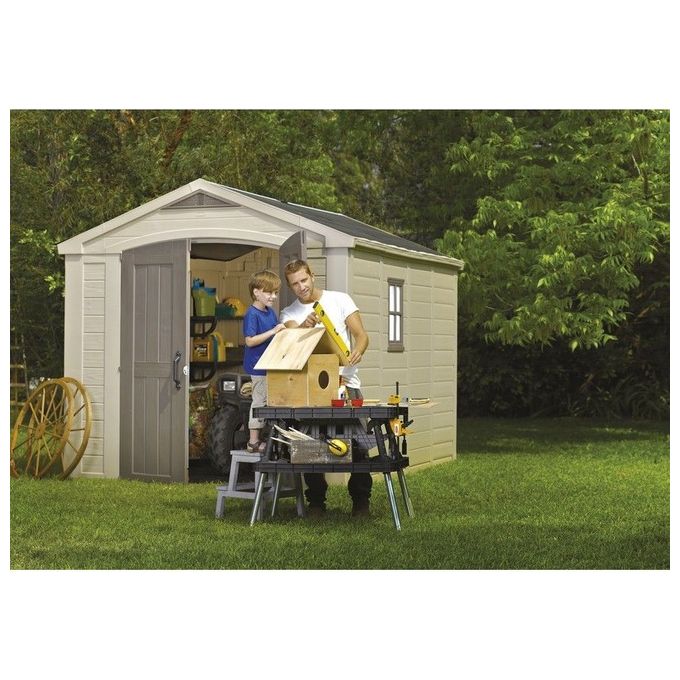 Keter K209876 Factor Casetta da Giardino in Resina 8x11 con Pavimento e Mensole Incluse 256x331x243 cm colore Beige