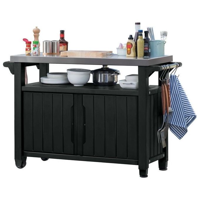 Keter tavolino in resina per BBQ con due ruote e due ante 123,70x54x90h UNITY XL grafite