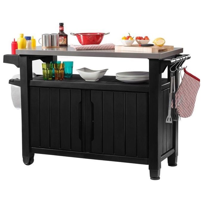 Keter tavolino in resina per BBQ con due ruote e due ante 123,70x54x90h UNITY XL grafite